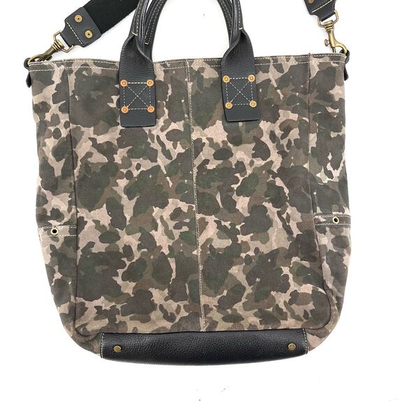 Nicoli Suede and Leather Large Tote Bag Camo Canvas Shoulder Strap - Picture 2 of 8